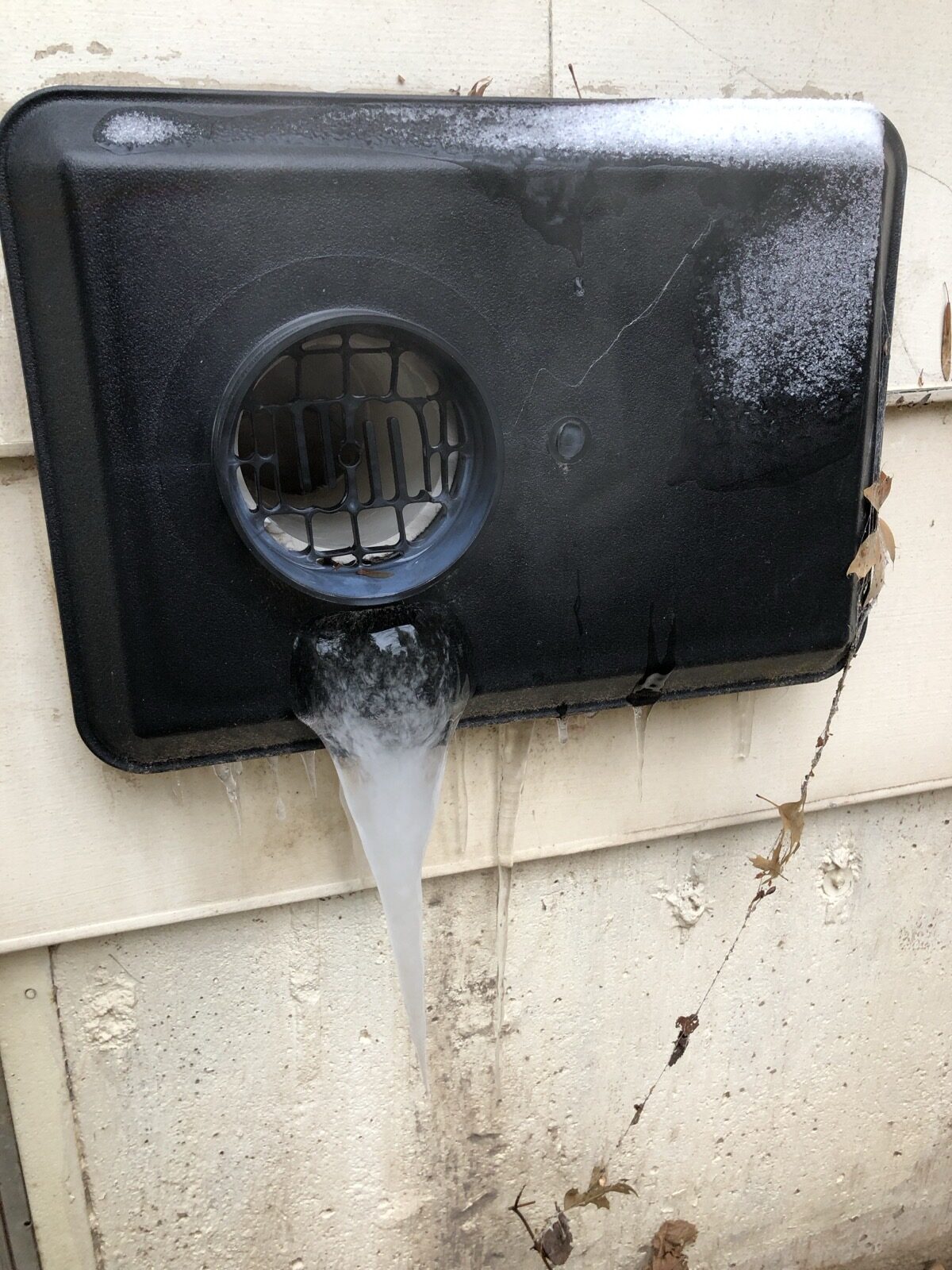 2022-12-26 14 55 21 An icicle on a clothing dryer vent during a severe cold snap at a house along Aquetong Lane in the Mountainview section of Ewing Township, Mercer County, New Jersey. Photo by Famartin on Wikimedia Commons.